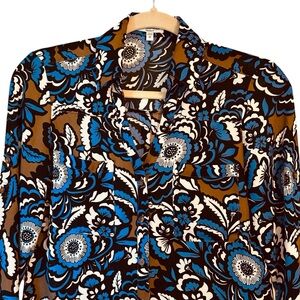 Express Portofino Shirt XS Bold Floral Brown Blue Collared V Neck Colorful